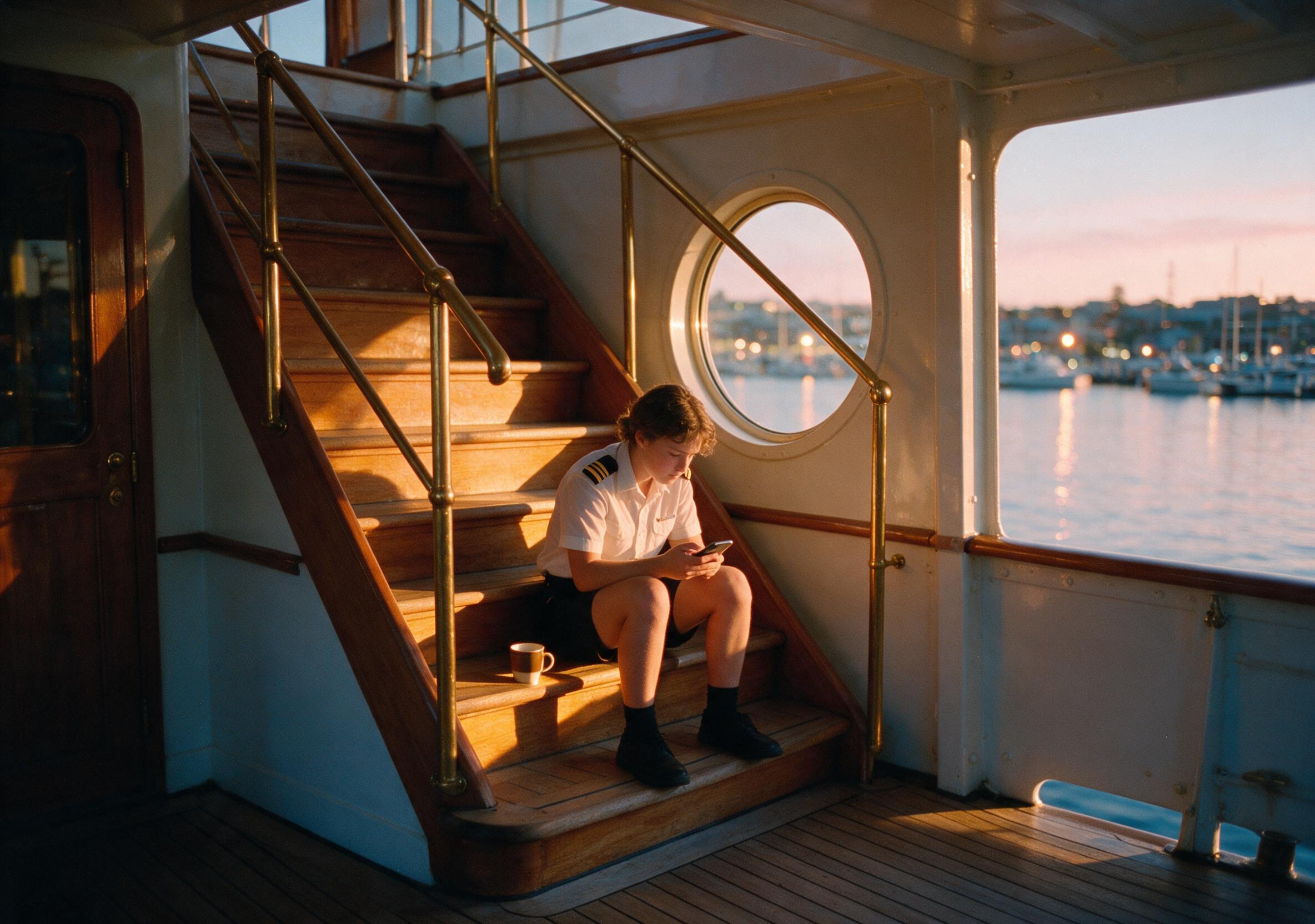 A crew member checking in on their phone between duties